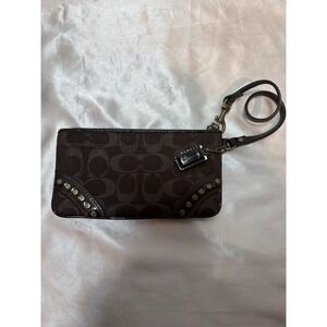 Coach Signature Dark Brown Wristlet with Patent and Brass Details